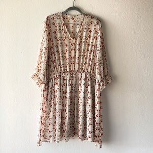 SUNO Cream and Red Floral Long Sleeve Dress